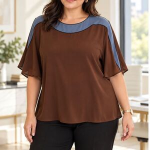 Pari Passu Women's Plus 16 Georgette Marni Top Brown Blue Luxury Blouse NWT